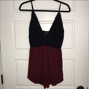 Deep V Neck Lace Black & Wine Red Romper Sz Small